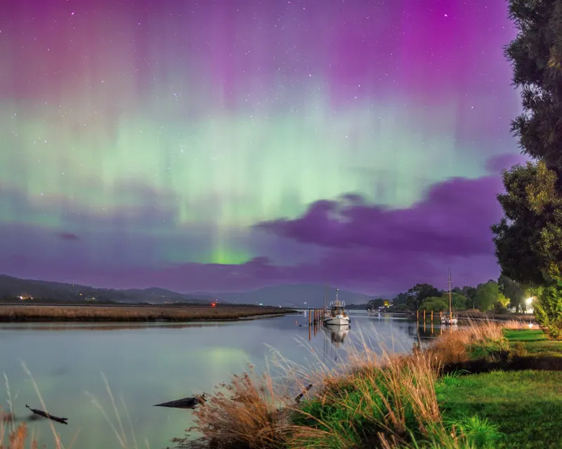 Aurora Australis as viewed from Boat Reflections accommodation on the Huon River in Franklin, Tasmania